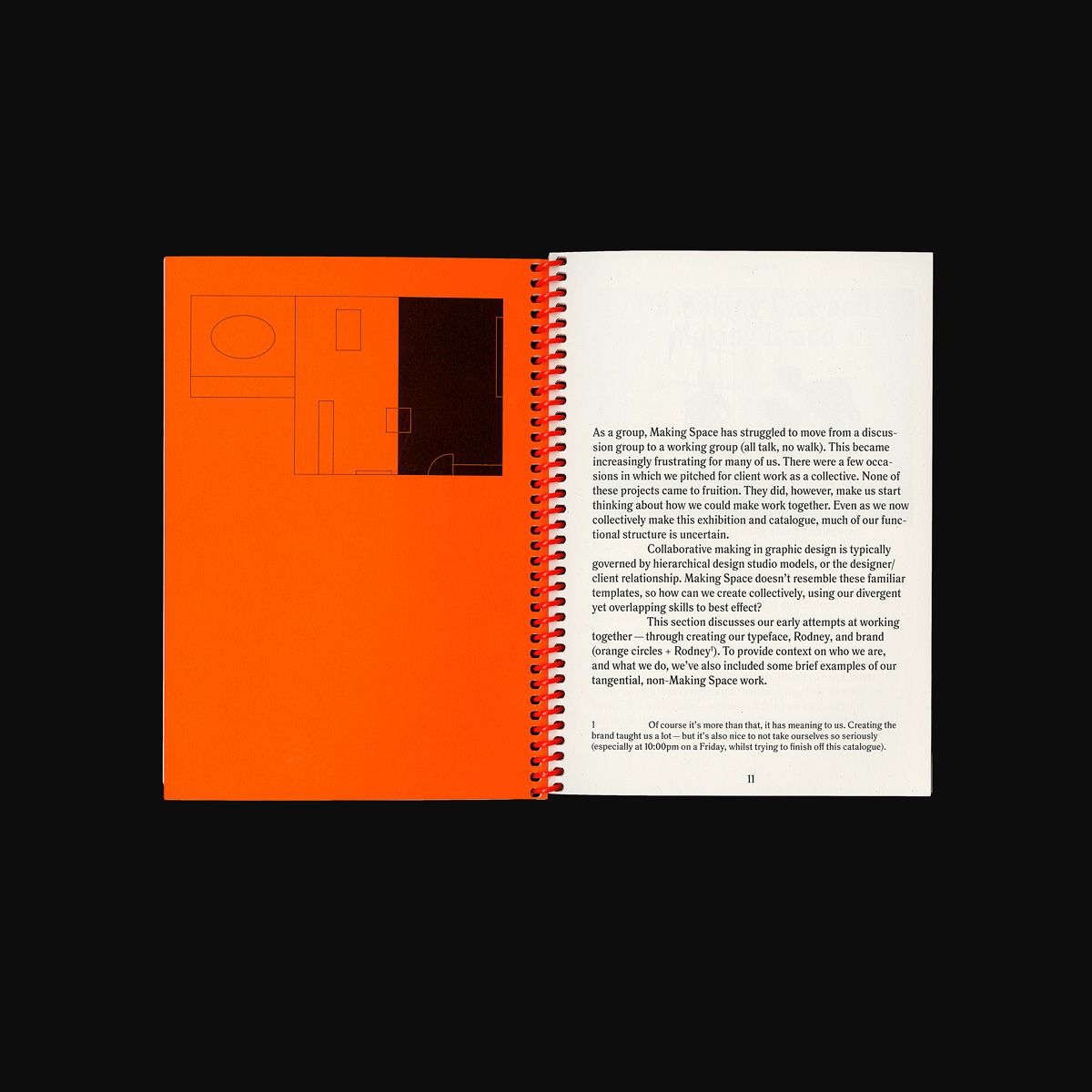 A spread from the Making Sense catalogue, showing a chapter opening page which uses orange paper and features an abstract map of the exhibition space. The chapter pertains to one zone within the space, which is highlighted in solid black on the map.