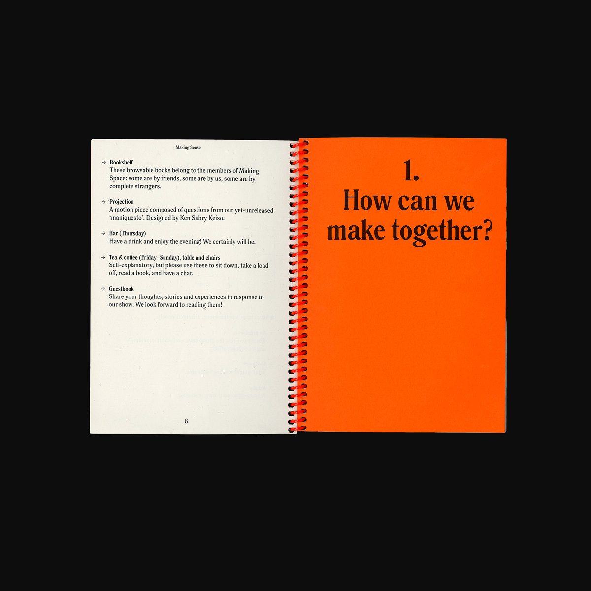 A spread from the Making Sense catalogue, showing an orange chapter opening page with black text which reads: ‘1. How can we make together?’