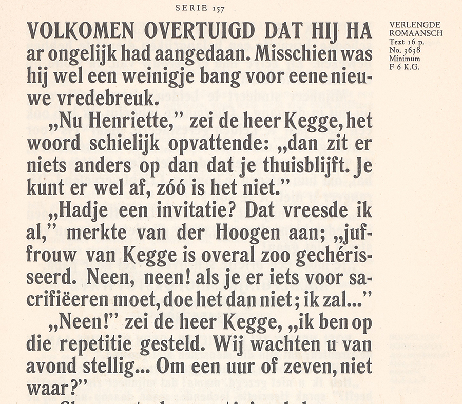 A scanned paragraph of text from a 1923 Dutch type specimen, which served as reference material for the typeface Rodney, drawn for this exhibition.